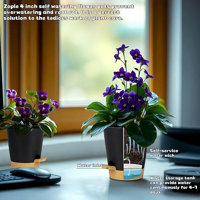 12 Pack 4 Inch Self Watering Plant Pots with Drainage and Saucers,Plastic Flower Pots for Indoor and Outdoor Plants, Nursery Planters for Houseplants and Herbs Black Brown, 4 inch 12pcs