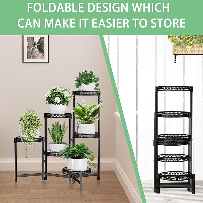 Metal Plant Stand Indoor 6 Tier Tall Corner Flower Stand Outdoor for Multiple Plants Folding Iron Flower Display Holders Rack Shelf Black (6 tier)