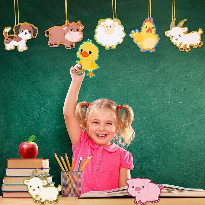 Pajean 10 Pieces Kids Farm Animal Lacing Cards Cardboard Sewing Cards Sturdy Double Sided Lacing Playing Games for Children Developing Imagination Education Supplies