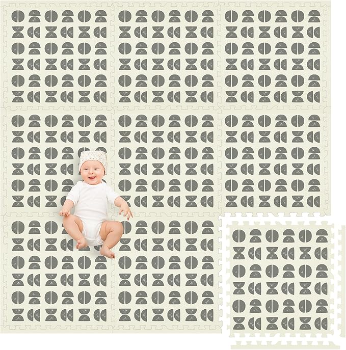 Play Platoon Non-Toxic Large Kids Mats for Floors, 9 Tile 72 x 72 inch, Extra-Thick Interlocking Tiles, 24 x 24 in. Puzzle Mat Pieces with Border, Neutral Playmat Rug for Toddlers & Children