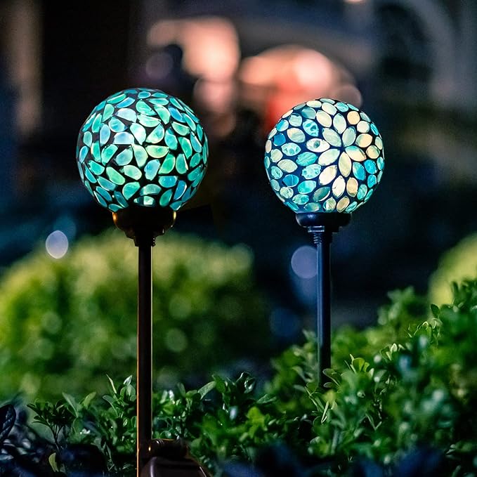 VCUTEKA Solar Lights Outdoor Decorative, Mosaic Solar Garden Light Waterpoof LED Pathway Stake Light for Landscape Lawn Patio Yard Decoration, 2 Pack