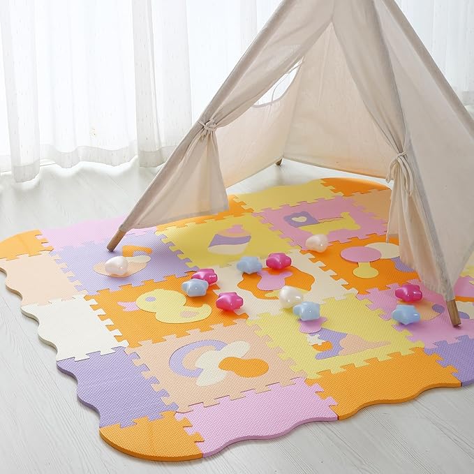 Foam Play Mat for Kids,25Pcs Square Interlocking Puzzle Floor Mat,Baby Play Mat Floor Mat Foam Puzzle Playmat for Toddlers with Fence(Comprehensive-CSH013
