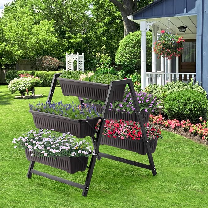 Raised Garden Planter Bed, Tiered Planter Stand with 5 Boxes (Brown), 26" Long*36.5" Wide*31" Tall, Good for Herbs, Flowers, or Vegetables in Patio Balcony Indoor Outdoor