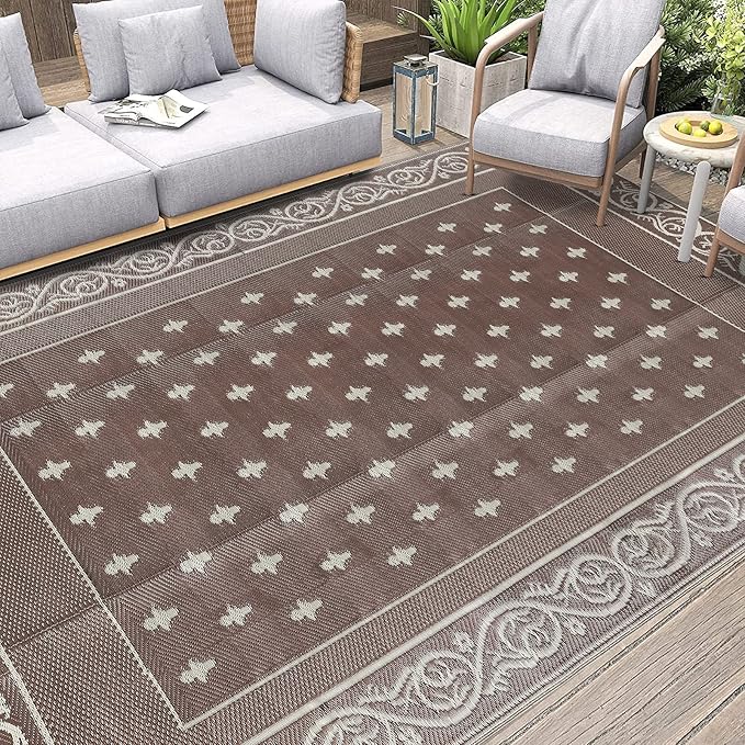 Pauwer 9'x12' Reversible Outdoor Rug, Waterproof Plastic Straw Area Rug for Patios, RV Mat, Camping, Picnic, Beach, Balcony, Pet Friendly, Lightweight