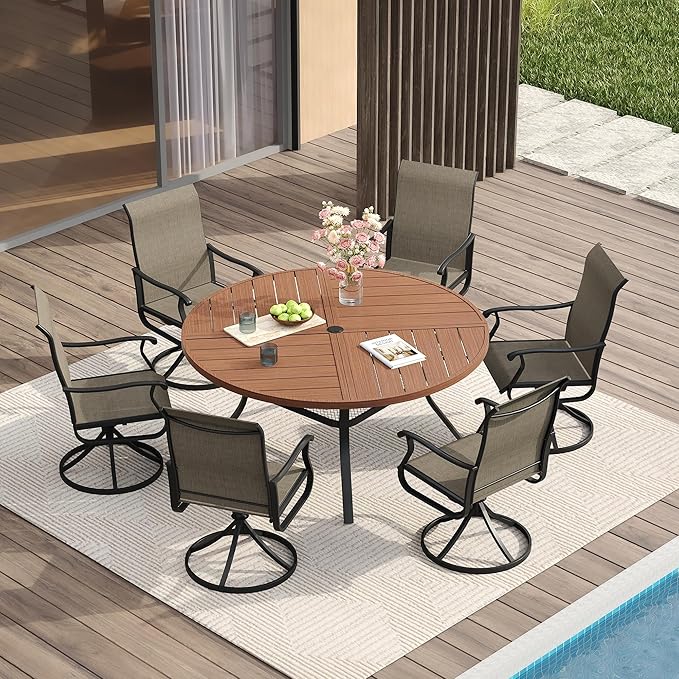 VICLLAX Round Patio Table with Adjustable Umbrella Hole for 6, All Weather Metal Outdoor Dining Table for Lawn Garden, 47.2" Outdoor Coffee Table, Walnut Wood-Like Tabletop