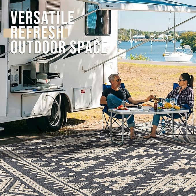 OLANLY Outdoor Rug Waterproof 4x6 ft, Reversible Outdoor Plastic Straw Rug, Boho Patio Rug, Indoor Outdoor Carpet, RV Mat Outside for Patio, Camp, Picnic, Balcony, Deck, Backyard, Black & Beige