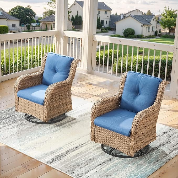 Outdoor Swivel Rocker Patio Chairs - 360 Degree Swivel Glider Seating 350LBS Weight Capacity Wicker Rocking Chairs Set of 2 with Removable Cushion for Porch Balcony Deck, Yellow/Blue