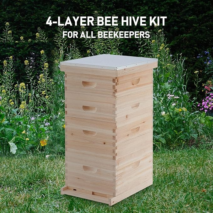 CREWORKS Bee Hive Boxes Starter Kit, Langstroth Beehive for Bee Keeping, 4 Layer Bee House with 20 Medium and 20 Deep Frames & Foundations, Beekeeping Supplies with Plastic Queen Excluder and Nails