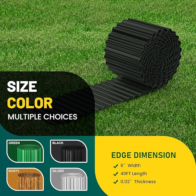 Corrugated Metal Garden Edging, 6"×40Ft Durable Landscape Border for Garden, Lawn, Flower Beds and Paver Edging (Black)