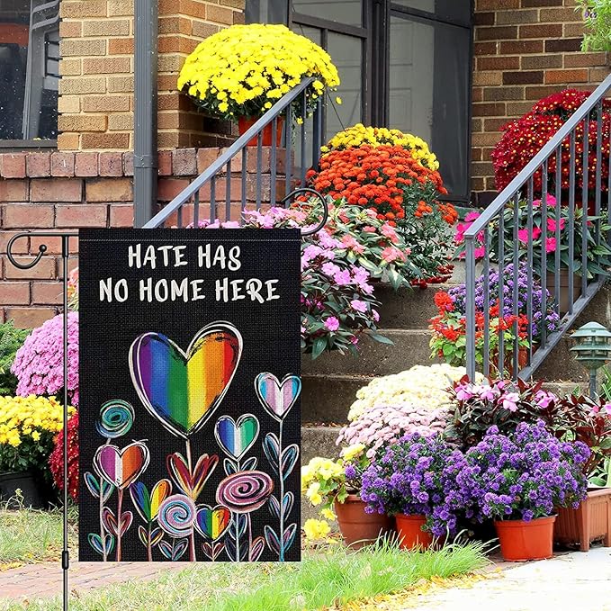 Hate Has No Home Here Pride Garden Flag 12x18 Double Sided Burlap, Small Rainbow Love Heart Gay Lesbian LGBT Pansexual Yard Sign Banner for Pride Month Porch Outdoor Decor