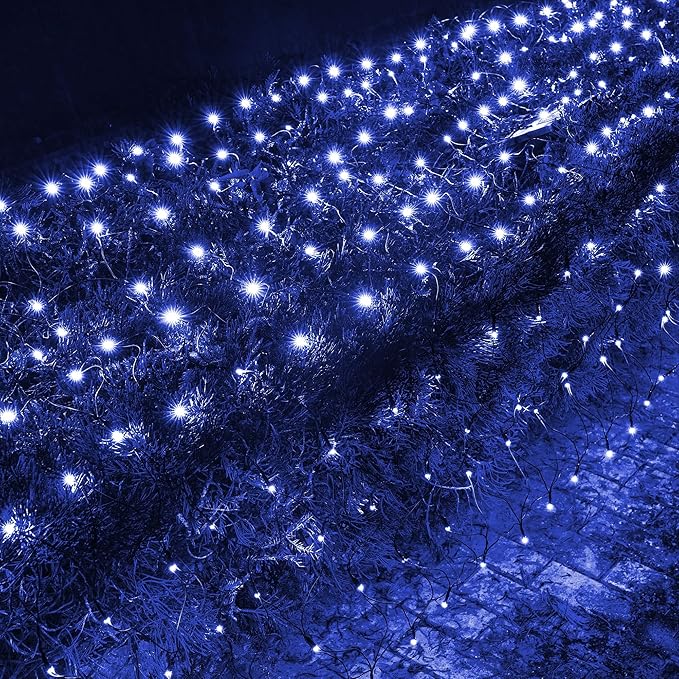 Dazzle Bright Christmas Net Lights, 360 LED 12FT x 5 FT Green Wire Waterproof Connectable String Lights with 8 Modes, Christmas Outdoor Lights for Bushes Garden Party Wedding Holiday Decoration (Blue)