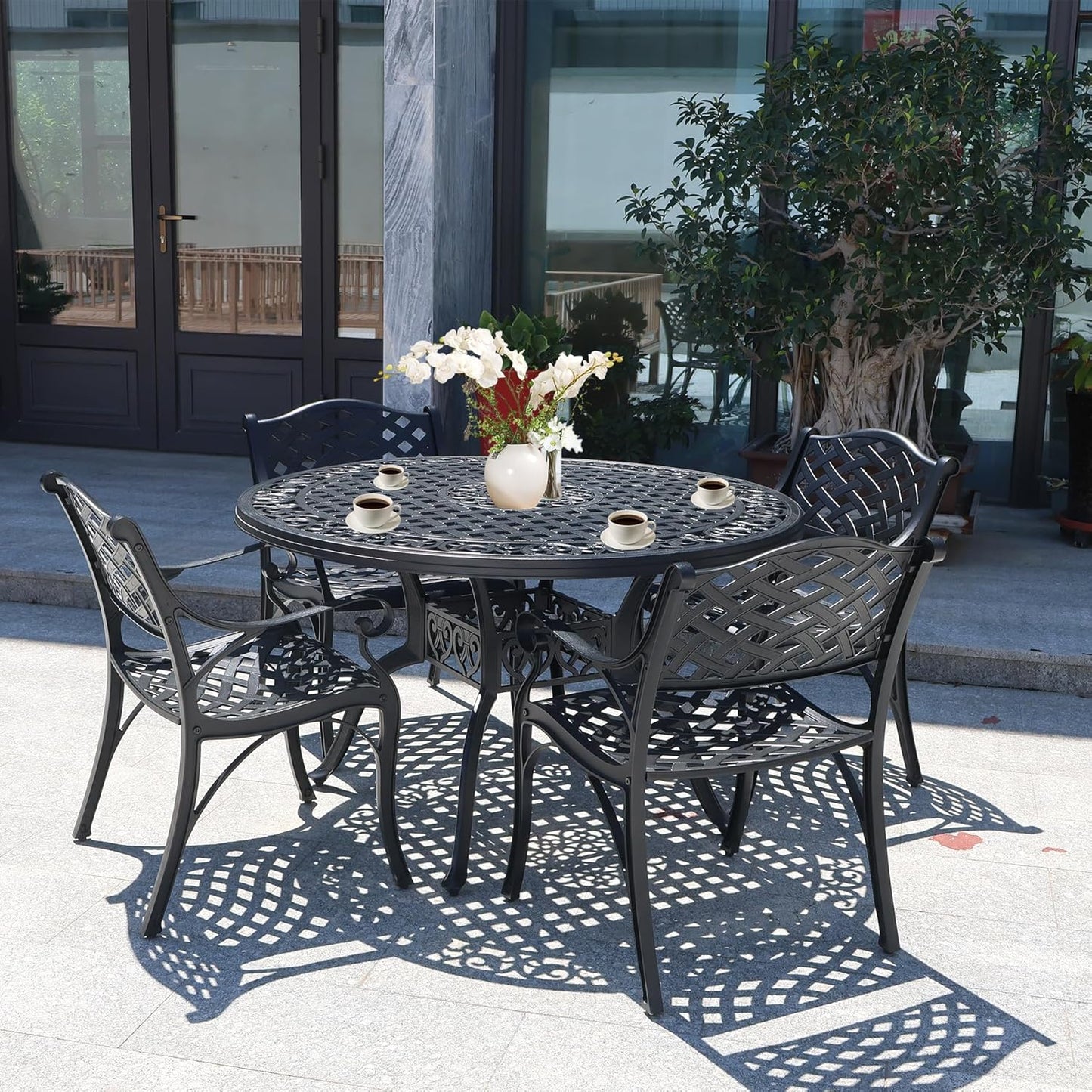 7 Pieces Cast Aluminium Patio Dining Set for 6 Person,Round 48" Patio Table and 6 Chair with 2.3" Umbrella Hole,Outdoor Patio Dining Set for Porch Backyard Deck, Black