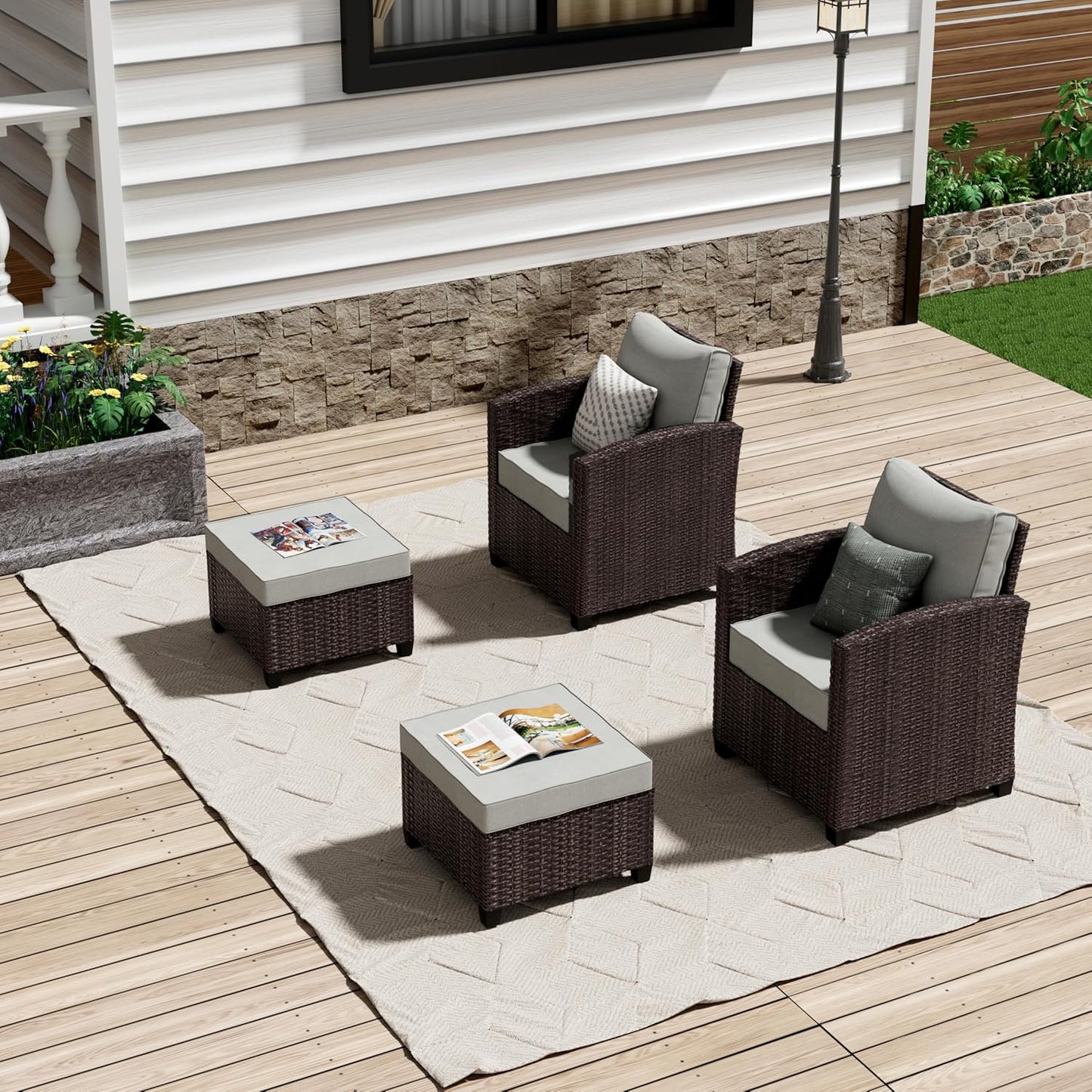 Outdoor Patio Sectional Sofa Set, 4-Piece Rattan Furniture, Patio Conversation Sets with Fire Pit, Swivel Sofa, Seats 2, Light Grey
