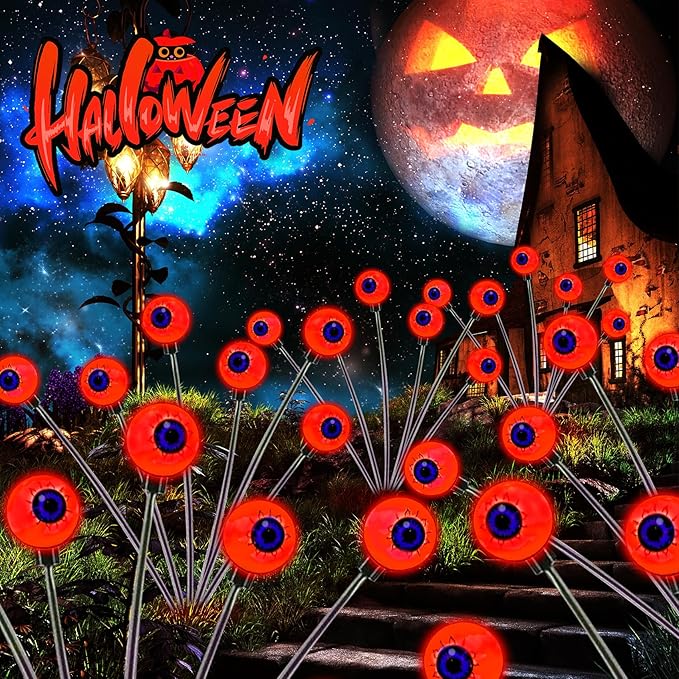 Halloween Decorations Outdoor, 2 Pack Solar Swaying Eyeball Lights, Swaying by Wind, Solar Pathway Lights, Halloween Decor with 2 Lighting Modes, Halloween Stake Lights for Garden Yard(Red)