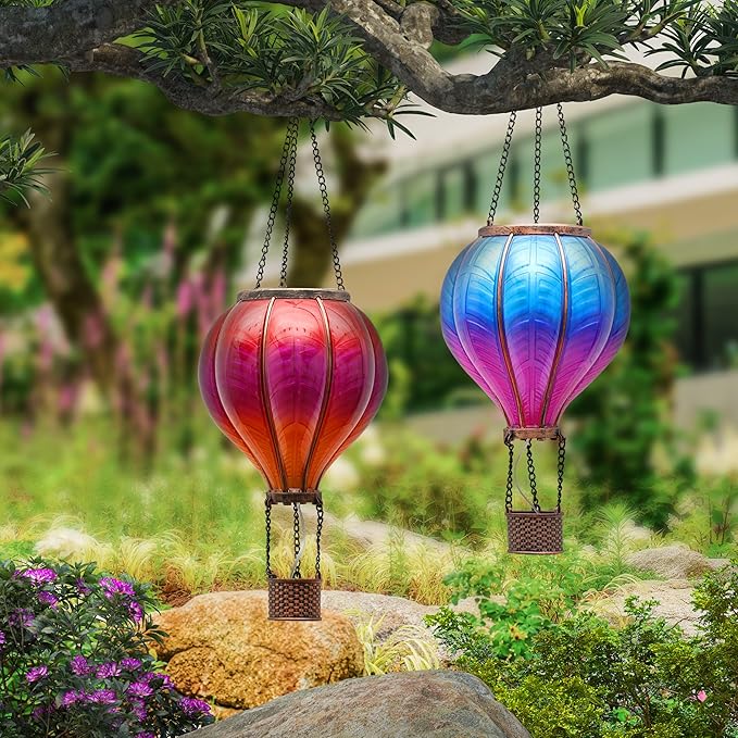 TERESA'S COLLECTIONS 2 Pack Hanging Solar Lantern Outdoor Garden Decor ,Waterproof Plastic Hot Air Balloon Red Flickering Flame Effect Lantern for Yard Tree,Gift for Mom Lovers,18"