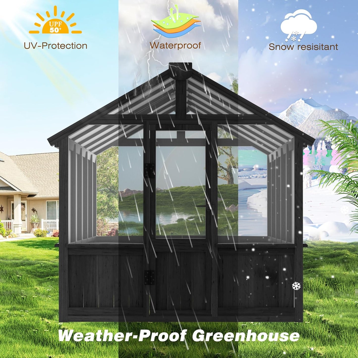 BlueWish 6x10FT Greenhouse, Greenhouse for Outdoor with Cedar Frame, Adjustable Vent, Wood Greenhouses with Polycarbonate Panel, Green House for Outside, Garden, Backyard, Black
