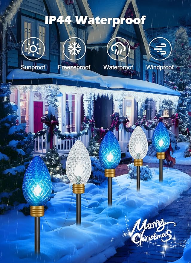 11Feet 5 LED Super Jumbo Christmas String Lights or Pathway Marker Lights, Outdoor Xmas Decorations- Jumbo C9 Hanging Lights Waterproof Lawn Dec for Holiday Home Tree Roof Yard Garden, Blue & White