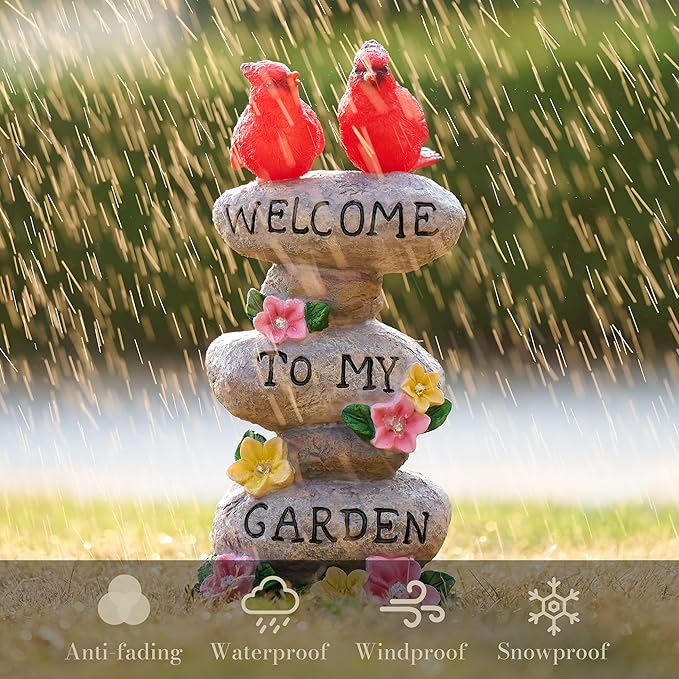 TERESA'S COLLECTIONS Garden Statues with Outdoor Solar Lights for Garden Decor, Cardinal Birds Welcome Yard Sign Rocks & Flower Resin Valentines Decorations, Gifts for Mom Yard Decor, 11"