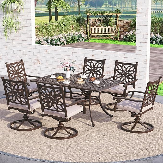 Sophia & William 7 Pieces Cast Aluminium Patio Dining Set for 6, Outdoor Swivel Rocking Chairs and Rectangular Table with 2.3" Umbrella Hole for Porch Backyard Deck, Bronze