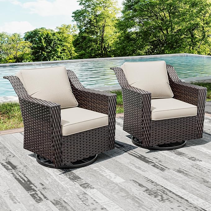 Joyside Swivel Patio Chairs Set of 2, Wicker Patio Furniture with Wide Armrest and Thick Cushions, Upgraded Large Size for Backyard, Garden, Poolside