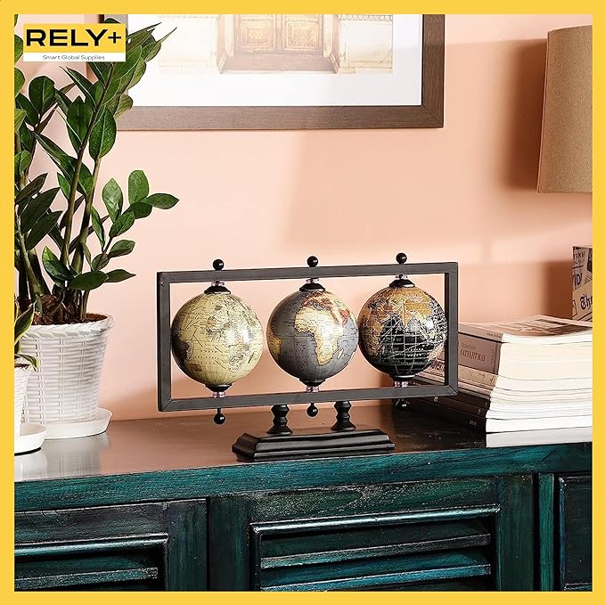 Rely+ Set of 3 4'' Earth Globe for Desk Elegant Office Decor World Globe Sturdy Metal Stand (NOT PLASTIC!) - Rotating Desktop Globes For Geographic Home Table Gift for Adult Decorative Book Shelf