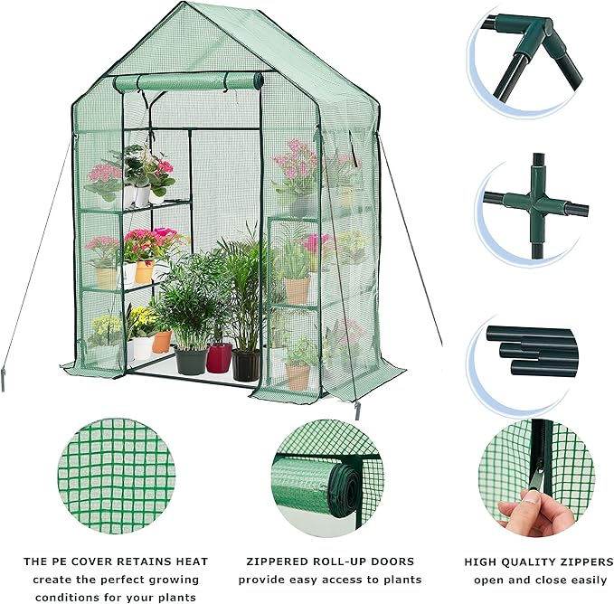 Walk-in Greenhouse 3 Tiers 6 Shelves Roll-Up Zipper Door -28x56x76 inch PE Greenhouse Cover for Outdoor Plant Gardening Plants Cold Frost Protection Wind Rain Proof(PLGHW001G-N)