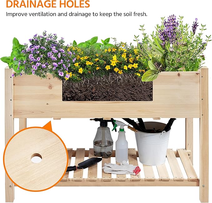 Yaheetech 47x23x32in Wooden Raised Garden Bed with Legs & Storage Shelf Horticulture Wooden Elevated Planter Box Vegetable Growing Bed for Flower/Herb/Backyard/Patio