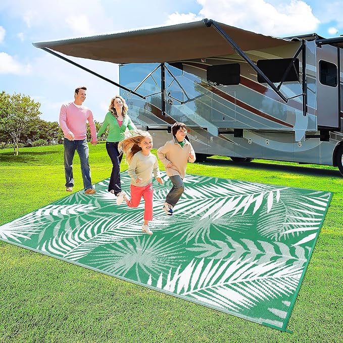 Outdoor Rug 8'x10' Waterproof for Patios Clearance, Reversible Outdoor Plastic Straw Rug Camping Carpet, Outside Floor Mats Large Area Rugs for RV,Patio,Deck,Porch, Beach,Balcony,Green&White