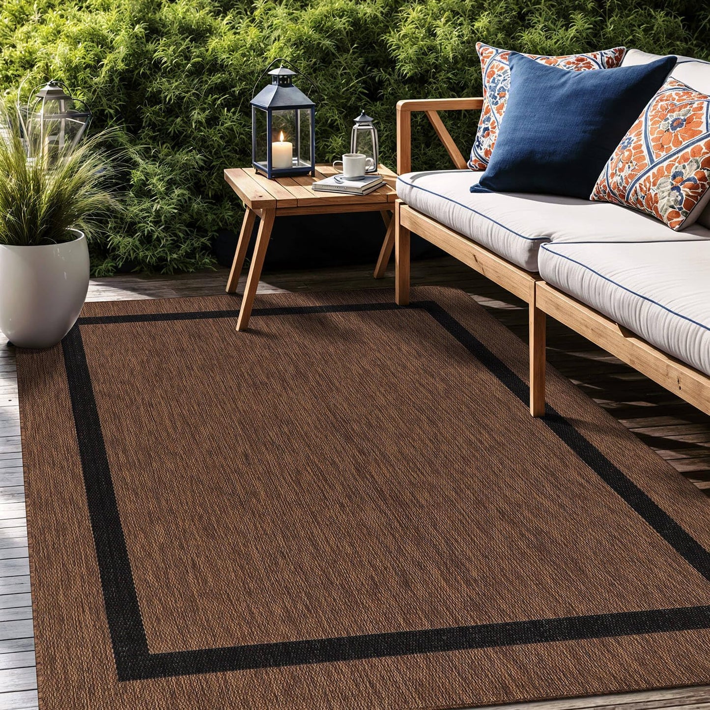 Bordered Outdoor Rug 5x7 Washable Outside Carpet for Indoor Patio Porch Waterproof Easy Cleaning Non Shedding Area Rugs Nut Brown - Black 5 x 7