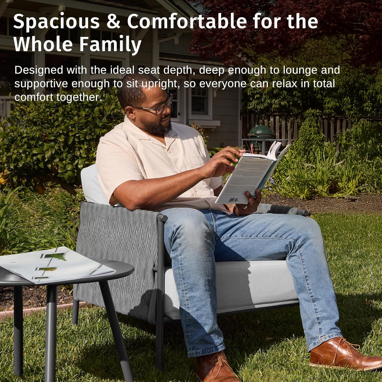 EAST OAK 3-Piece Patio Furniture Set | Armchairs & Coffee Table | Outdoor Furniture with Cushions | Deep Seating Modern Conversation Set | Garden, Porch, Balcony & Backyard | Misty Grey