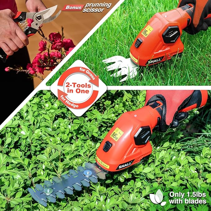 SHALL 2 in 1 Cordless Grass Trimmer & Hedge Shears - 7.2V Electric Shrub Cutter w/Pruning Scissors, Rechargeable Battery & Fast Charger