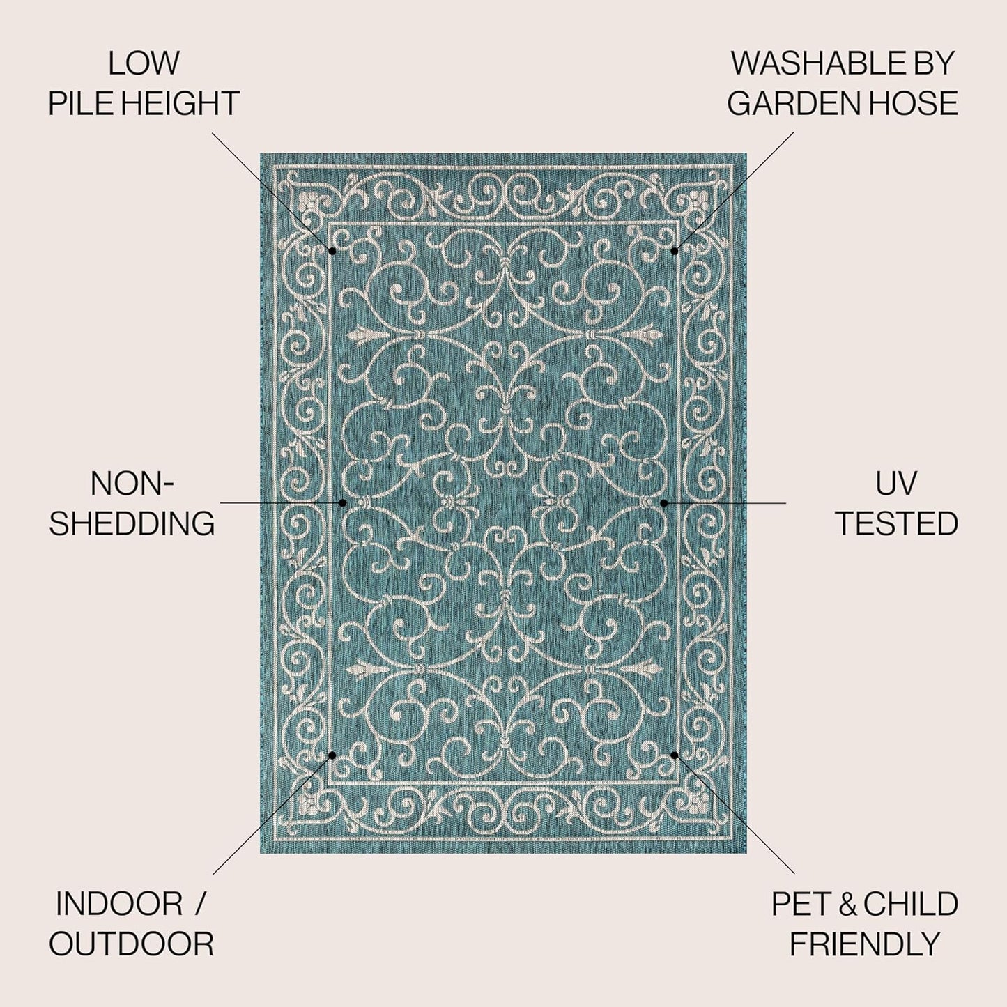 JONATHAN Y SMB106F-6SQ Charleston Vintage Filigree Textured Weave Teal/Gray 6' Square Indoor/Outdoor Area Rug, Pet Friendly, Non-Shedding, Stain Resistant, Easy-Cleaning for Backyard, Patio, Porch
