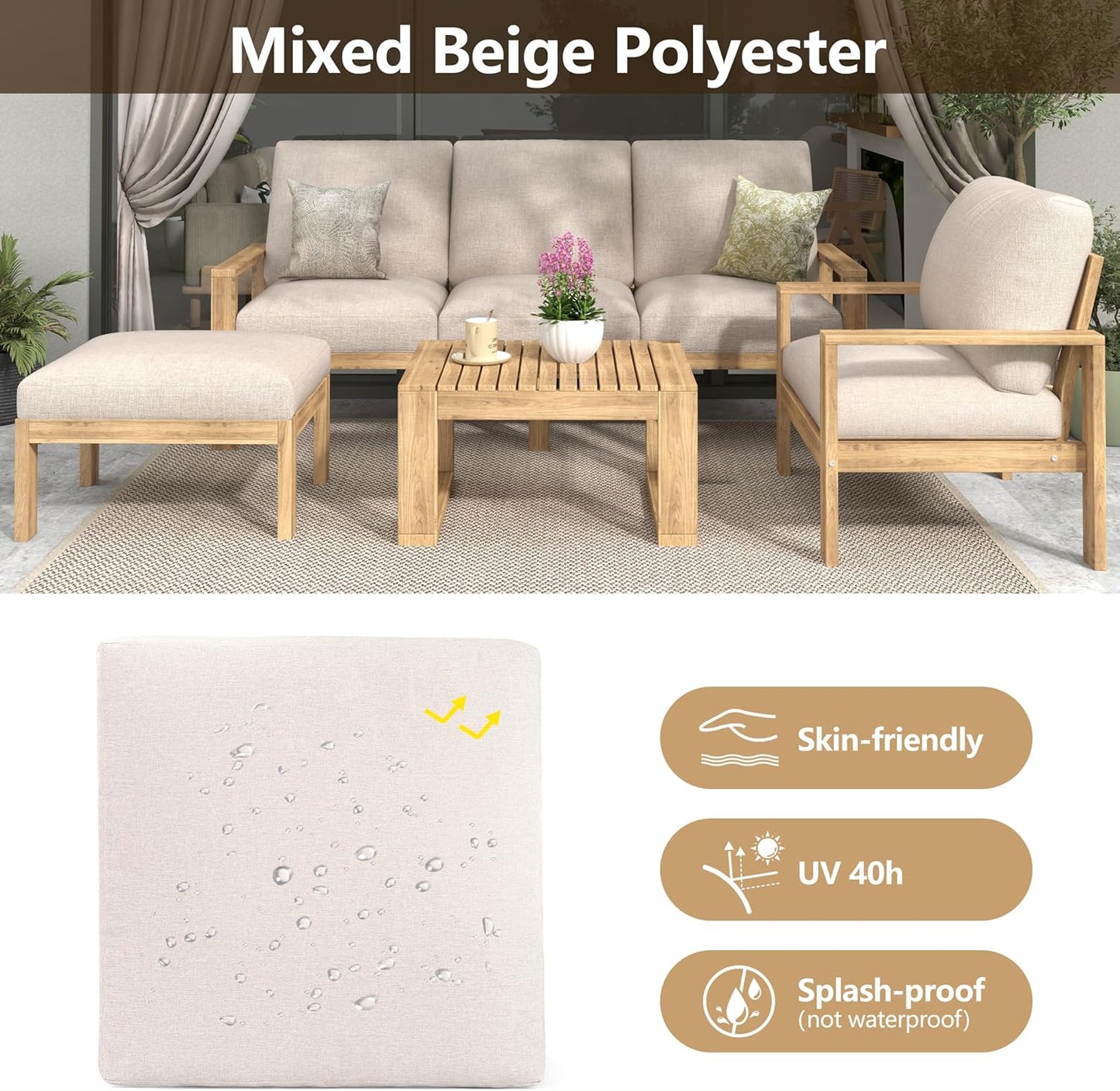 Outdoor 5 Pieces Sectional Patio Sofa Set, Acacia Wood Conversation Set with Coffee Table, Ottoman and 2 Chairs for Backyard Porch Garden Balcony