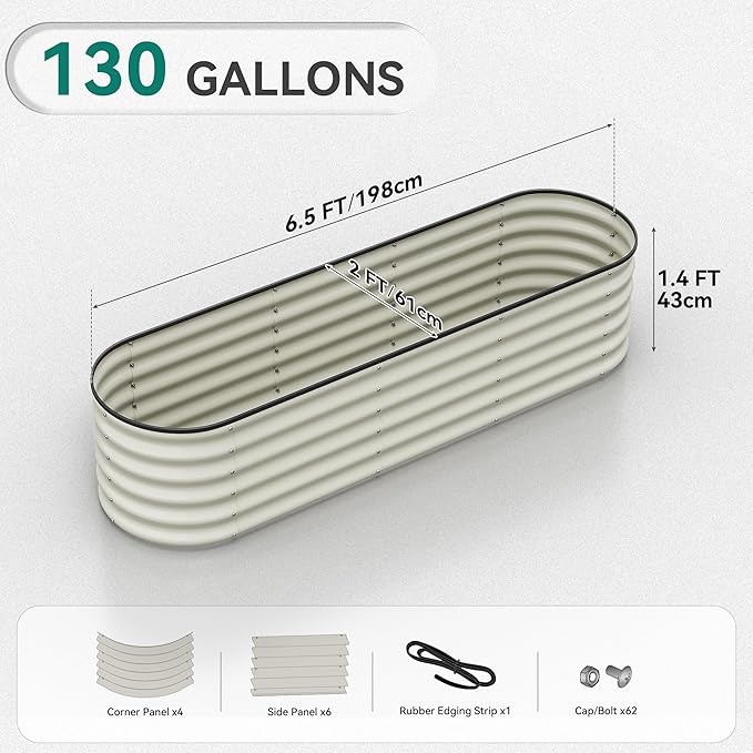 YITAHOME 17" Tall 6 in 1 Large Raised Garden Bed Kit, 6.5x2x1.4ft Galvanized Metal Planter Box with Gloves & Safety Rubber, Outdoor Above Ground Planters for Plants Vegetables Flowers, White