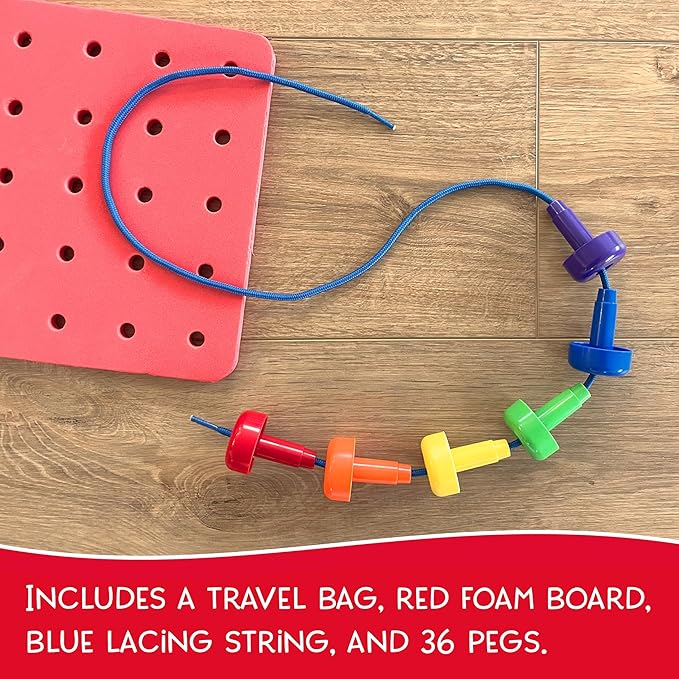 Foam Peg Board Toy - 36 Pegs, Foam Board, Lacing String, Storage Bag - Occupational Therapy Toys - Fine Motor Skills Toys for Toddlers and Kids (Red)