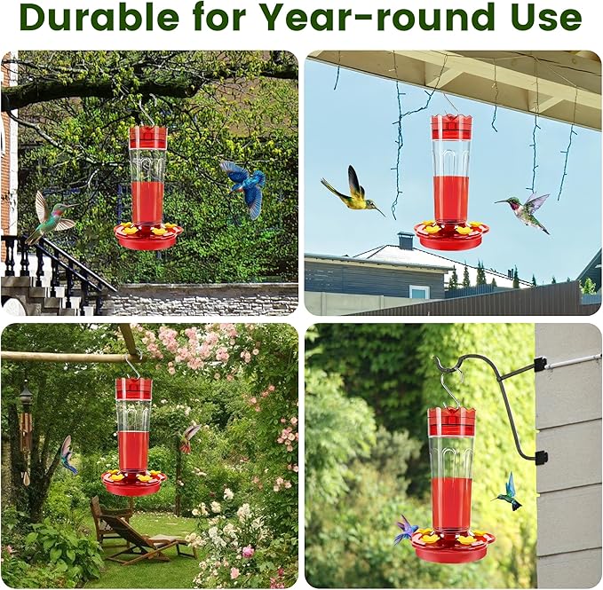 Plastic Hummingbird Feeders for Outdoors Hanging Ant and Bee Proof, 2 Pack 15 Ounces Red Hummingbird Feeder with 5 Feeding Ports and Perches, Built-in Ant Moat, Outside Garden Décor (Plastic, 2)