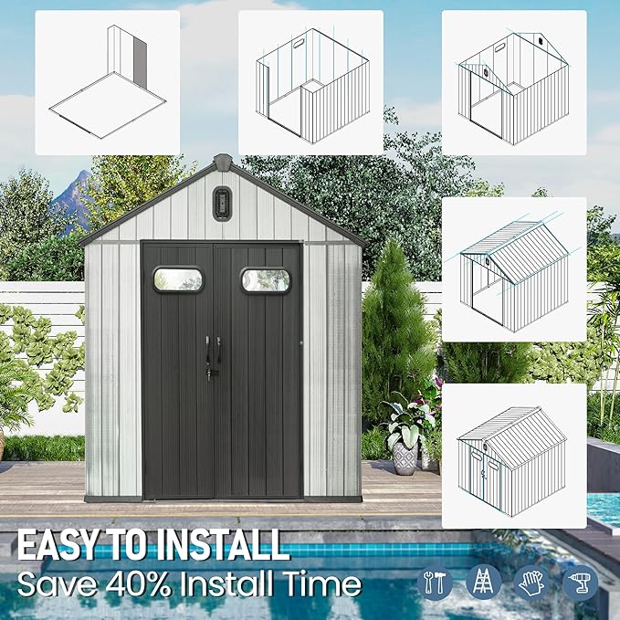 Domi 6x6 FT Outdoor Resin Storage Shed, All-Weather Double-Wall Storage Building for Backyard, Garden, Lawn Tools, Mower, Bike & Pool Equipment, Lockable Doors, Ventilated Roof, Grey