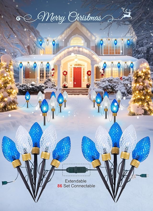 Moonflor Strawberry Super Jumbo Christmas Lights Outdoor - 2Pack Total 22FT 10 LED C9 Christmas Pathway String Lights,Christmas Lights Outdoor Decorations for Lawn Holiday Yard Walkway, Blue White