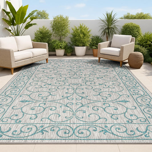 JONATHAN Y SMB106E-9 Charleston Vintage Filigree Textured Weave Gray/Teal 9 ft. x 12 ft. Indoor/Outdoor Area Rug, Pet Friendly, Non-Shedding, Stain Resistant, Easy-Cleaning for Backyard, Patio, Porch