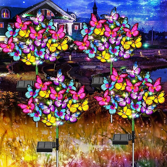 Solar Garden Lights Solar Lights Outdoor Waterproof Solar Lights 4 Pack with New Upgraded 144 LED 68 Butterflys Outdoor Solar Lights for Yard Outside Garden Pathway Decor Gifts for Women