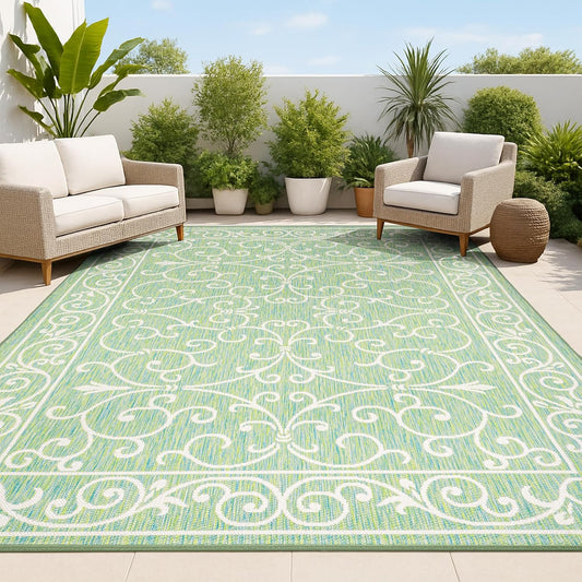 JONATHAN Y SMB106K-8 Charleston Vintage Filigree Textured Weave Indoor Outdoor Area Rug, Classic Traditional Easy-Cleaning,Bedroom,Kitchen,Backyard,Patio,Non Shedding, 8 X 10, Green/Ivory