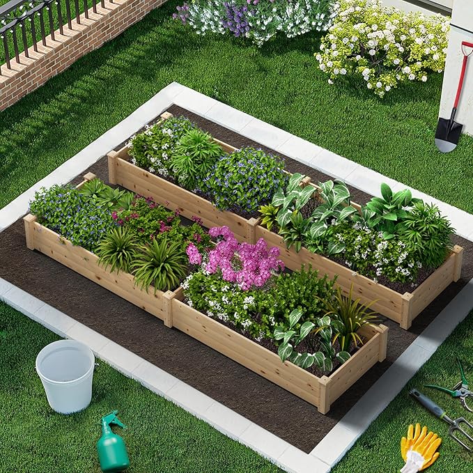 Crownland Outdoor Gardens 8 ft Raised Garden Bed Wooden Patio Raised Beds Backyard Elevated Planter Box Grow Vegetables Fruits Herb Yard Fast Easy Assembly