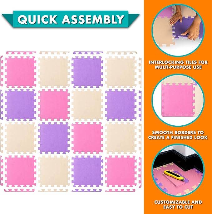 ProSource Foam Puzzle Floor Play Mat for Kids and Babies with Solid Colors, 36 or 16 Interlocking Tiles with Borders, Pink/Purple/Beige