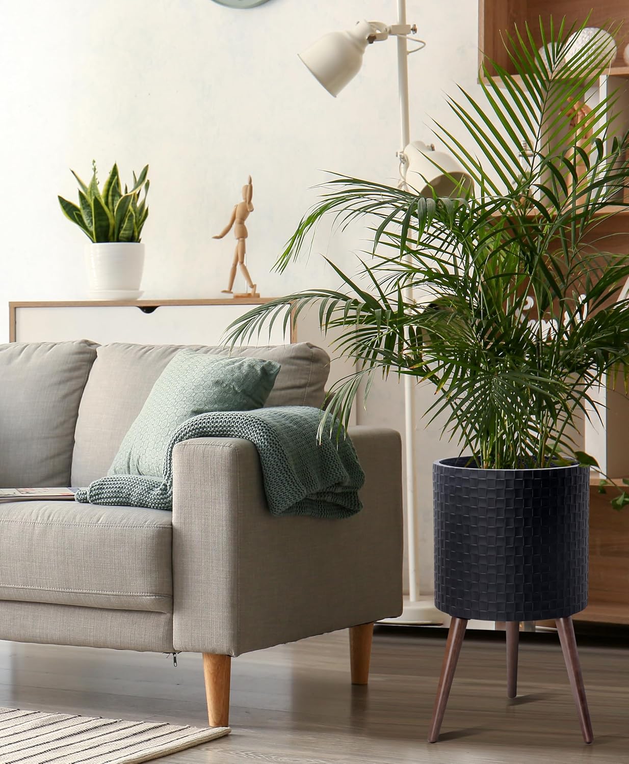 D'vine Dev 14 Inch Modern Geometric Tile Patterned Sleek Planter Pot with Stand, Indoor Outdoor Decorative Plant Holder, Matte Black, 88-Z-D-2