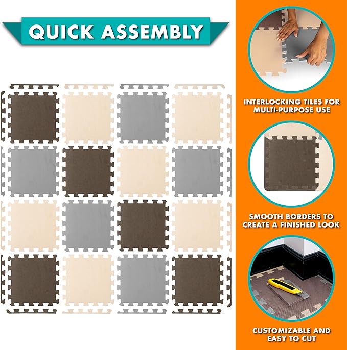 ProSource Foam Puzzle Floor Play Mat for Kids and Babies with Solid Colors, 36 or 16 Interlocking Tiles with Borders, Brown/Beige/Grey