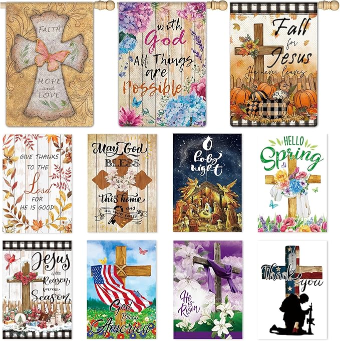 11 Pcs Christian Garden Flag Cross Yard Flags for All Season Christian Welcome Large 28 x 40 Inch Flags Double Sided Print Vertical House Flags Decorations for Home Outdoor Lawn