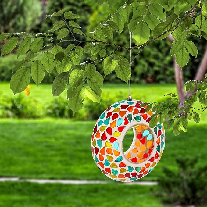 Sunnydaze 6-Inch Glass Mosaic Hanging Bird Feeder for Outdoors - Fly-Through Wild Bird Feeder - Confetti Mosaic