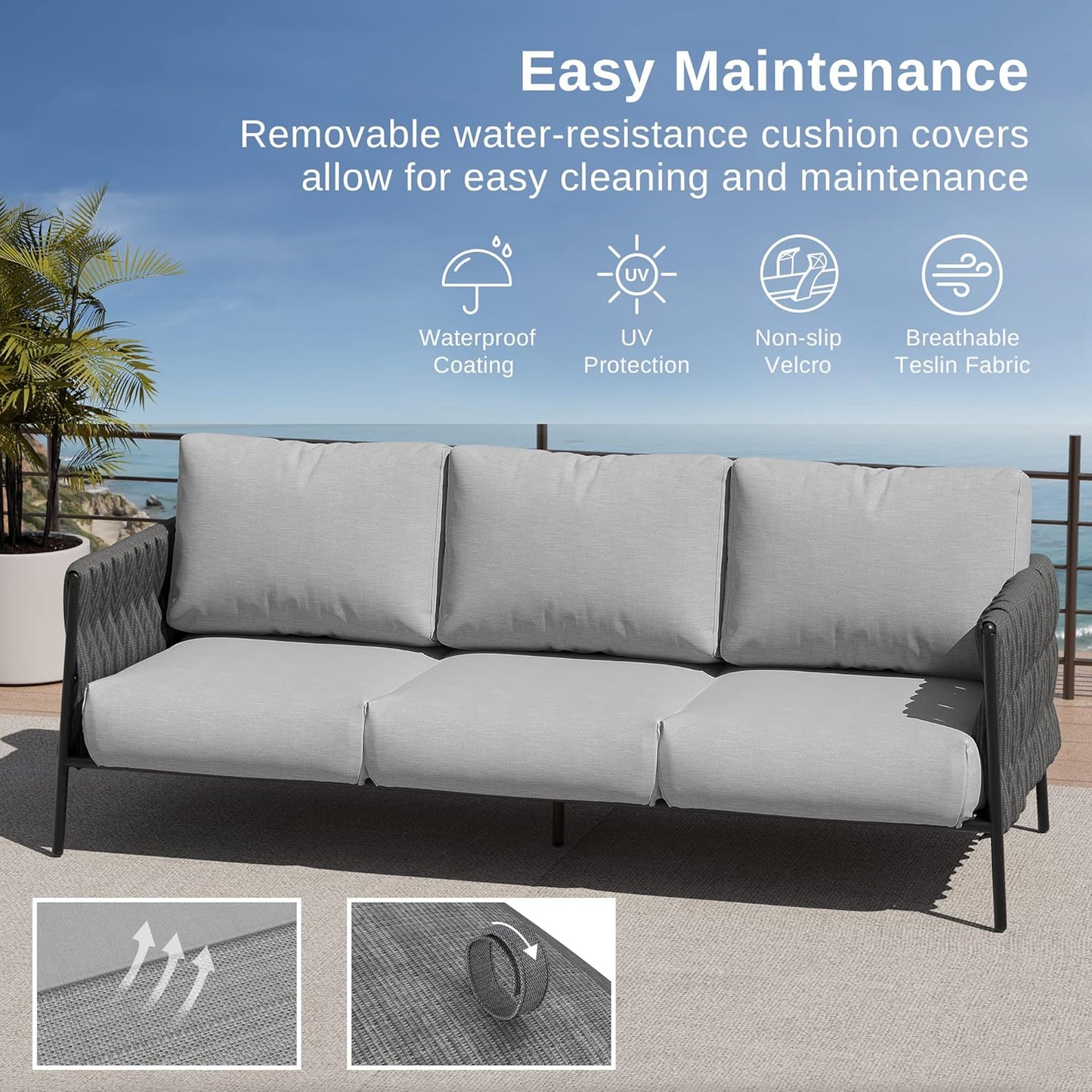 EAST OAK Life Chatter Outdoor Sofa, Outdoor Furniture 3 Seats with Waterproof Thick Cushions, Modern Patio Sofa Deep Seating for Outdoor Garden Porch Blackyard, Earth Black & Misty Grey