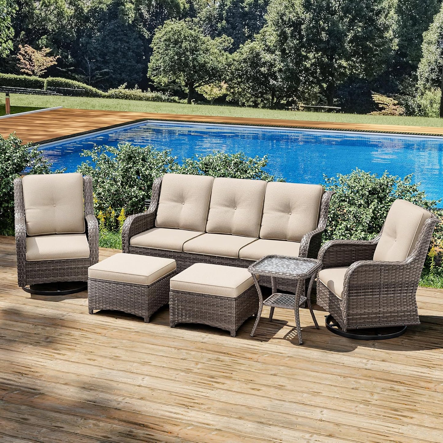 Joyside Wicker Patio Furniture Set 6 Piece Set with 1 Three-Seat Sofa, 2 Swivel Rocker Chairs, 2 Ottomans and 1 Side Table, Outdoor Furniture Patio Conversation Sets(Mixed Grey/Beige)