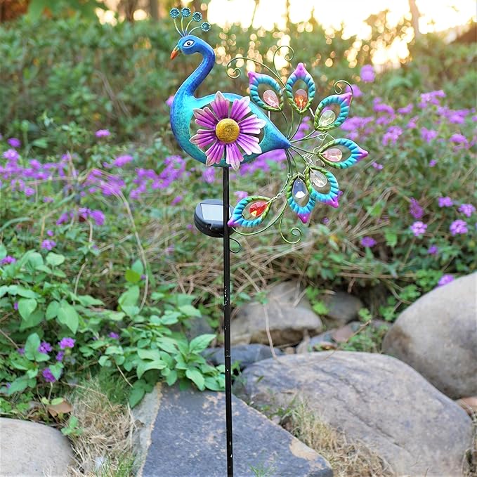 Solar Peacock Statue, Garden Metal Stake Lights Yard Decorations Outdoor,Perfect Peacock Gifts for Women, Ornaments,Mothers Day Ideal Gifts(Solar Peacock Flower )
